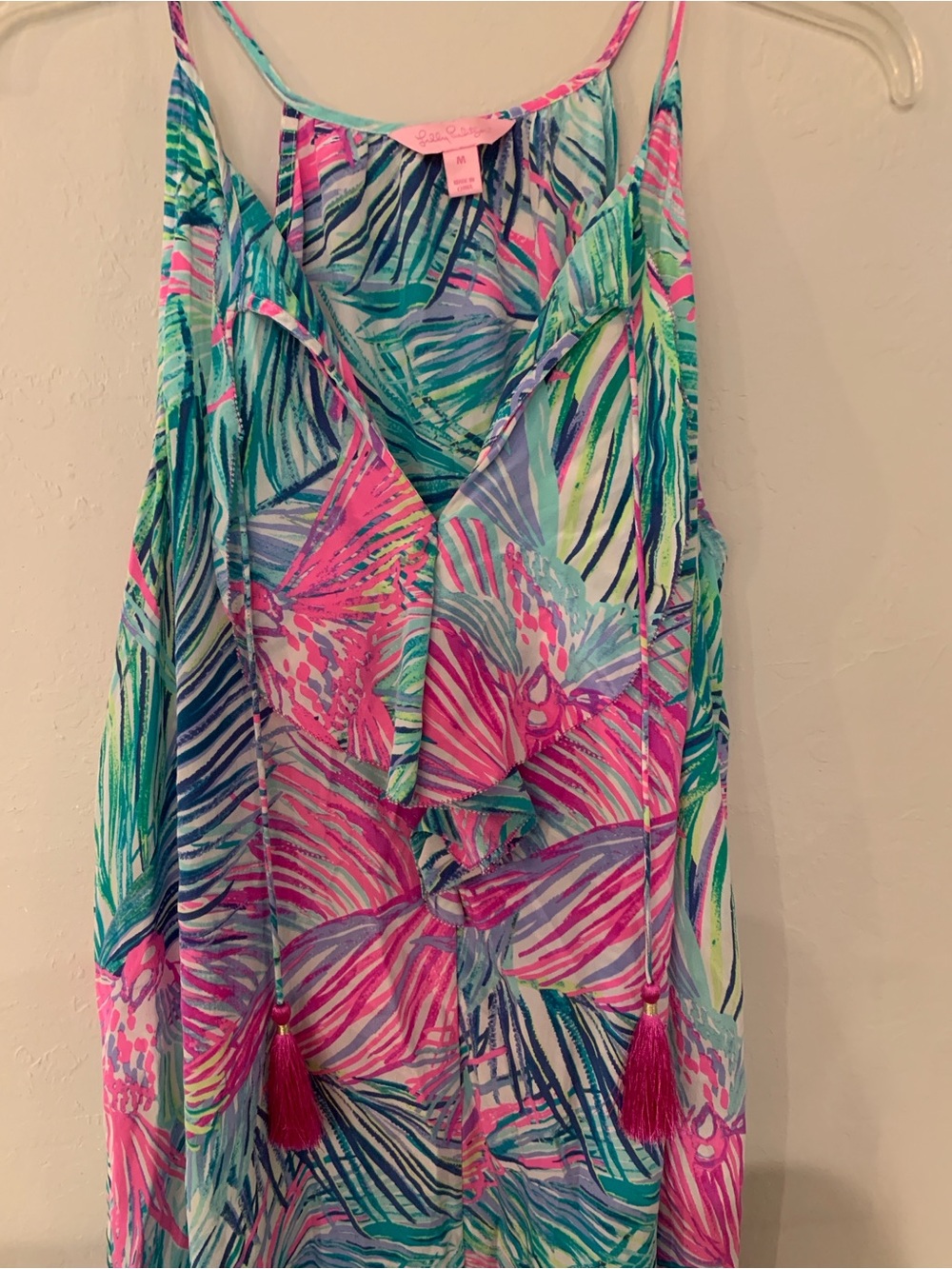 Lilly Pulitzer Silk Pink, Teal & Blue Tropical Palm Branch Print Midi Dress M - Picture 3 of 9